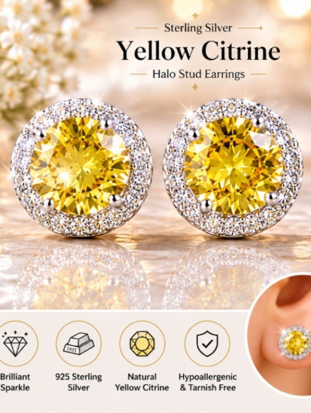 Sterling Silver Yellow Citrine Halo Stud Earrings - Picture 4 of 4